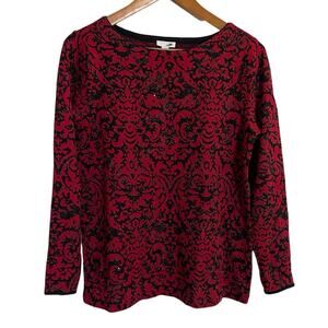 J. Jill Jacquard Sparkle Tunic Holiday Sweater Red Black Size S